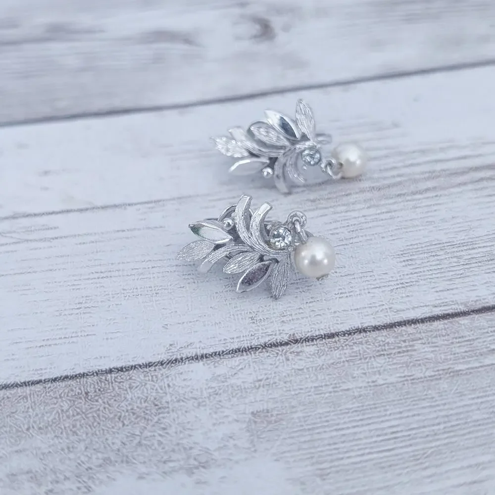 Vintage Avon Clip On Earrings Silver Tone with Faux Pearl Dangle